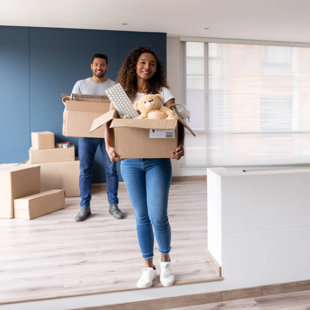 People moving with boxes.